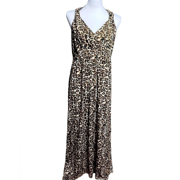 Women’s Leopard Print Sleeveless Maxi Dress Low Cut Ruched straps Size Small S - Picture 1 of 16
